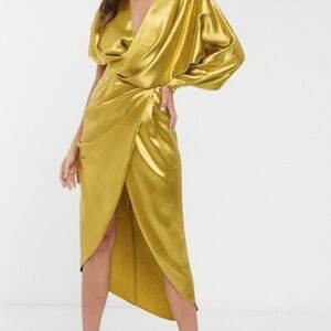 High Shine Drape Wrap Midi Dress Asymmetric